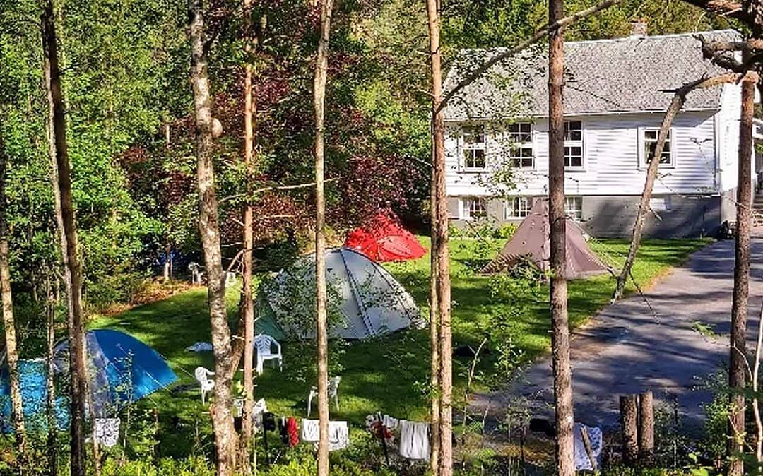 Zelt- und Campingplatz Sognesand, umgeben von Wald und Grün