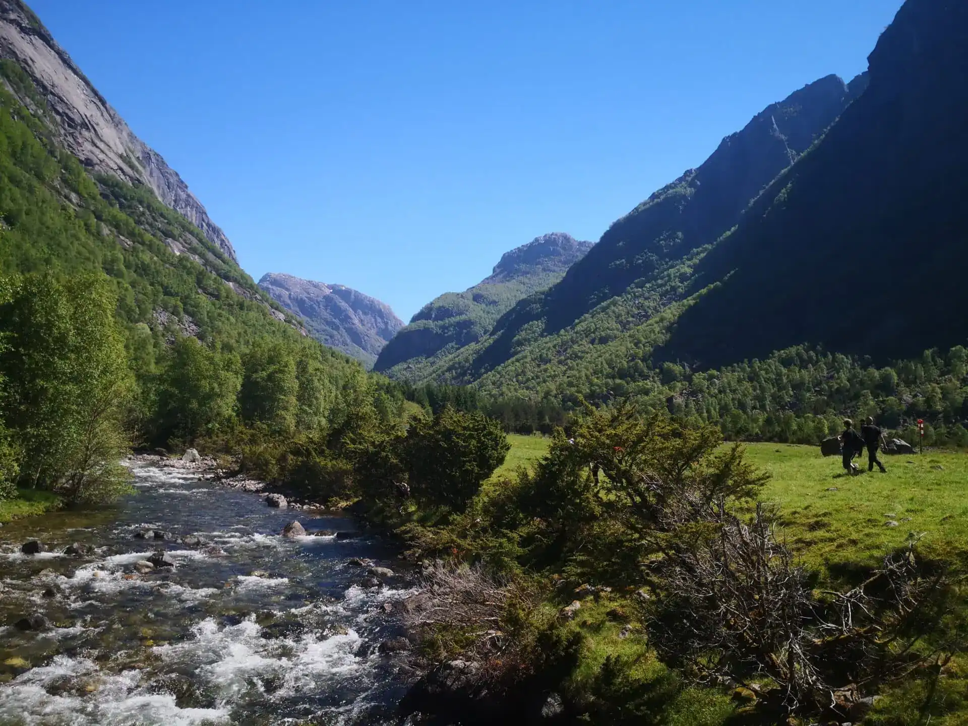 Lysedalen valley above Lysebotn with river, mountain slopes and hiking terrain in the Lysefjord mountains